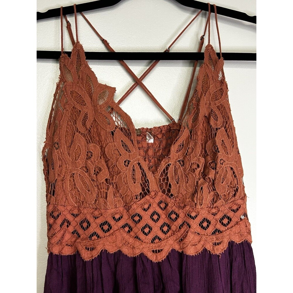 Free People Adella slip dress rust-colored crochet lace bodice tiered plum skirt - Picture 3 of 8